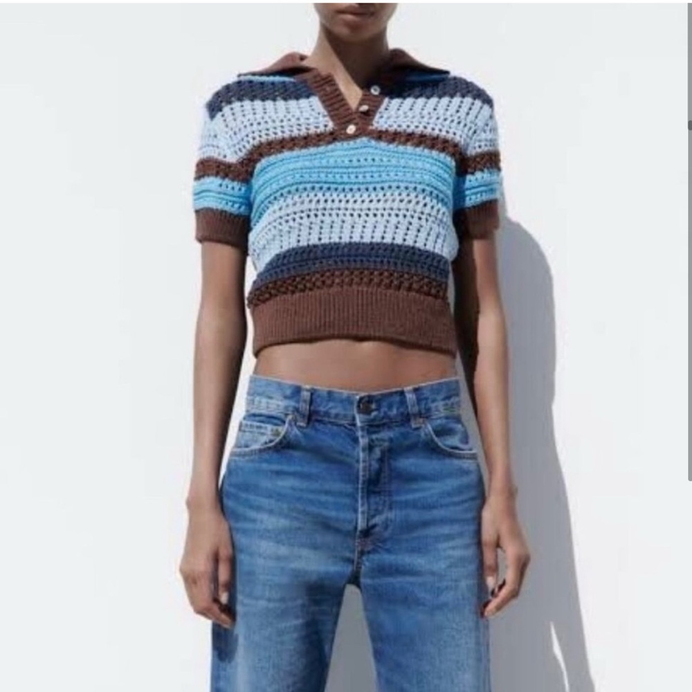 Blue & Brown Crochet Pointelle Top